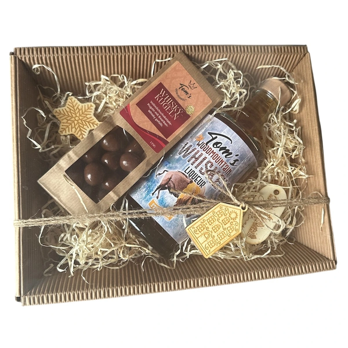 Whiskeylikör und Bourbon-Schokokugeln im edlen Geschen-zoom