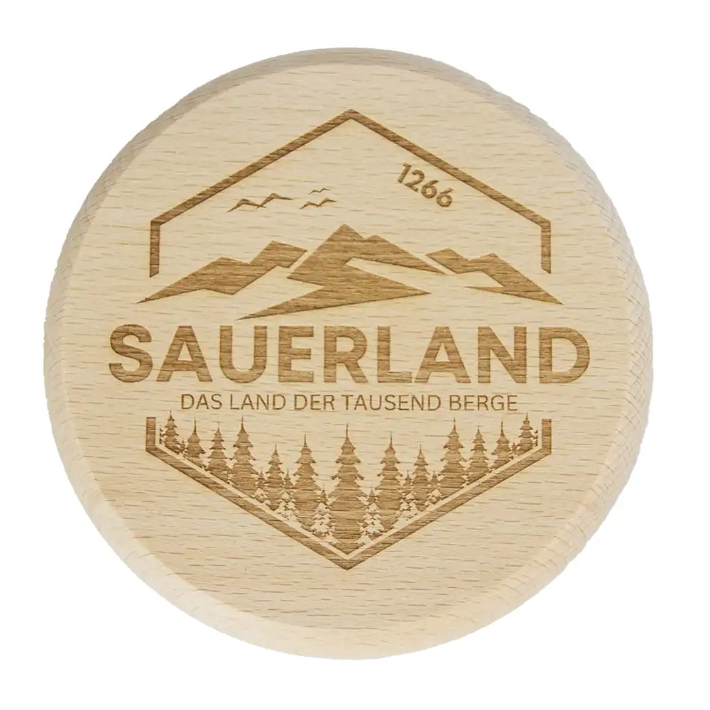 Trinkglasdeckel aus Holz mit Sauerland Schriftzug von Tom´s Fin Gin