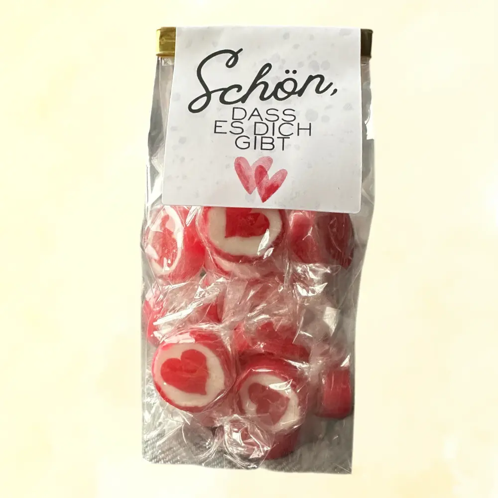 Herz-Bonbons mit Erdbeergeschmack in liebevoller Sprüche-Tüte.-zoom