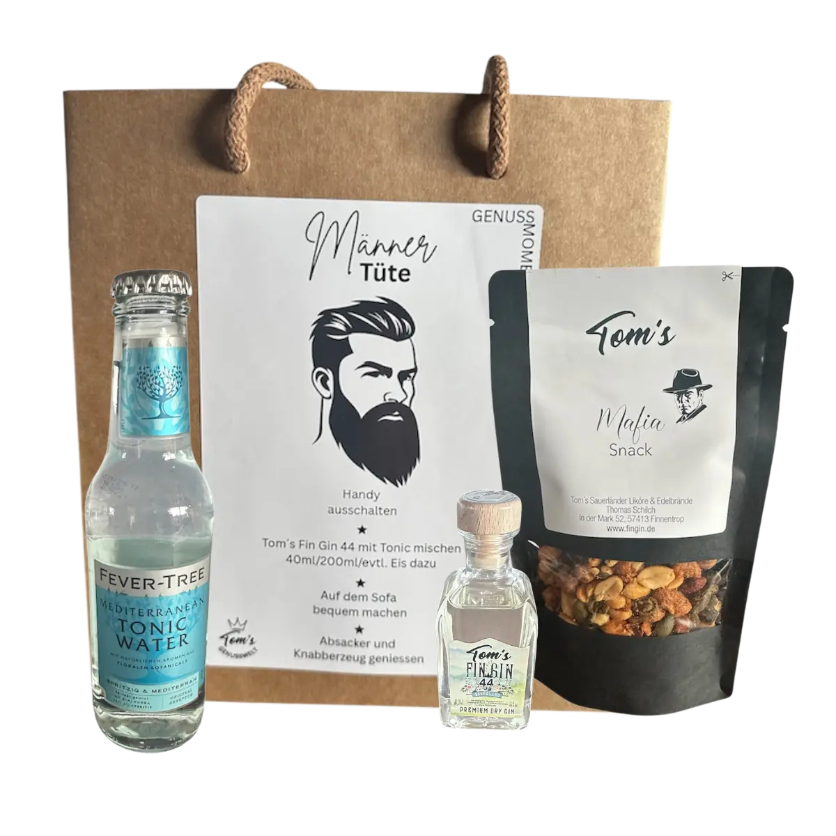 Männertüte Fin Gin 44 – Gin & Tonic Geschenkset mit Snacks